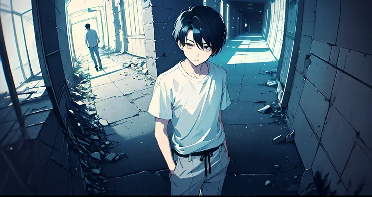 Boy with black hair and gray eyes、ember、Gatai is good、Rin々Right、short-haired、White shirt and long pants、In a dark room、Long corridor、Black and white and gray and blue、neons、ruins、Decadent、murky、Perspective from above、Overhead view angle、Contrasty