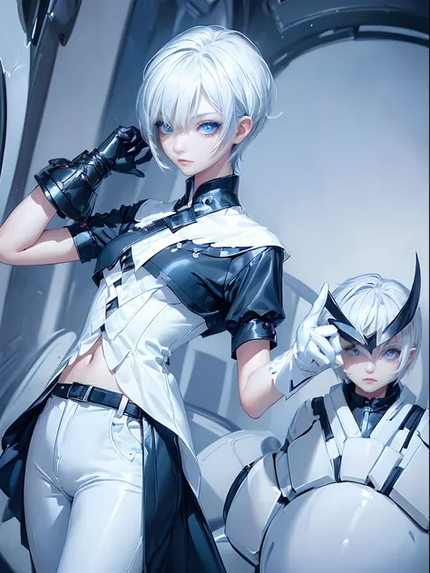 ((4K works))、​masterpiece、(top-quality)、1 beutiful girl、Slim body、tall、((Black Y-shirt and white pants、Charming villain style))、(Detailed beautiful eyes)、Daytime city、In the task、((Face similar to Carly Rae Jepsen))、((Short-haired white hair))、((Smaller fa...