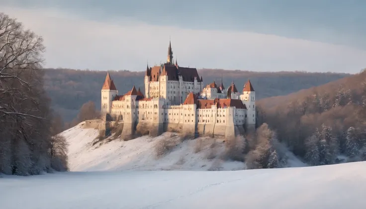 eastern european castle surrounded by fields forest and snow, gothic feel, winter, medieval Hungary, cinematic scene from film,