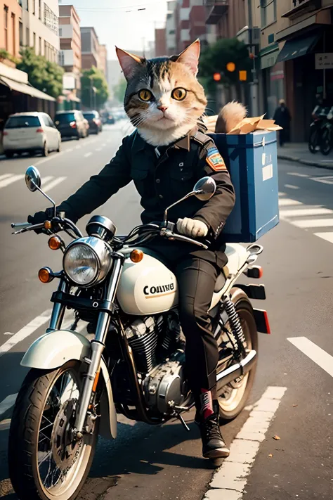 A cute round-eyed cat rides a motorcycle in a couriers uniform, deliver goods, streetview. --auto