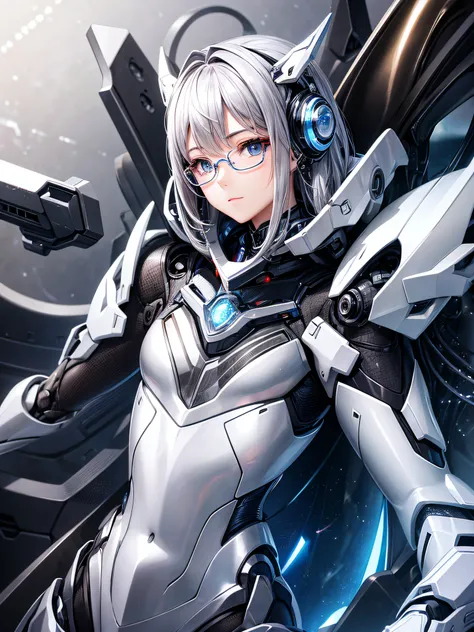 5 8K UHD、Silver metallic body mechanical beauty posing with glasses、Silver metallic robot with hidden skin shiny