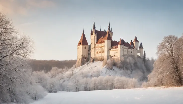 eastern european castle surrounded by fields forest and snow, gothic feel, winter, medieval Hungary, cinematic scene from film,