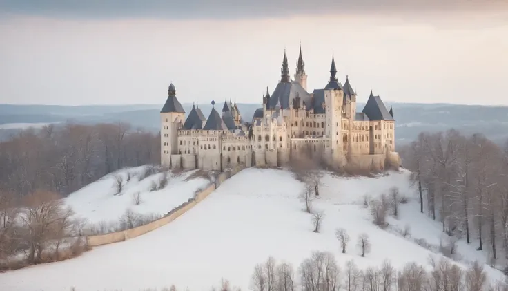 eastern european castle surrounded by fields forest and snow, gothic feel, winter, medieval Hungary, cinematic scene from film,