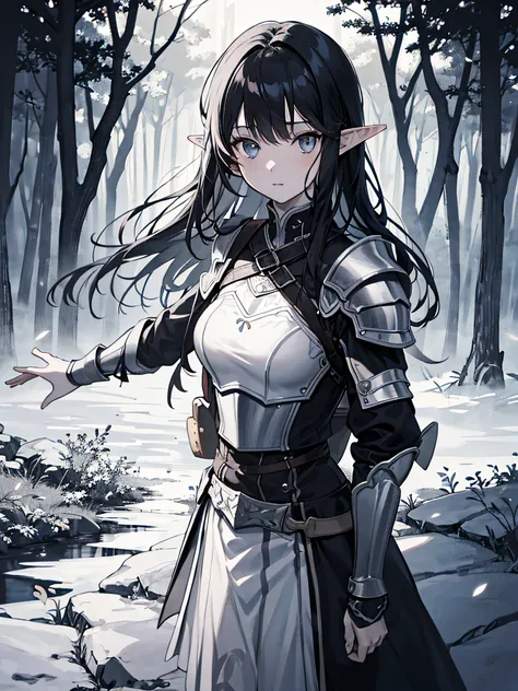 masterpiece, absurdres, 1girl, solo, black hair, archer armor, elven ears, bow, monochrome, line drawing, forest background