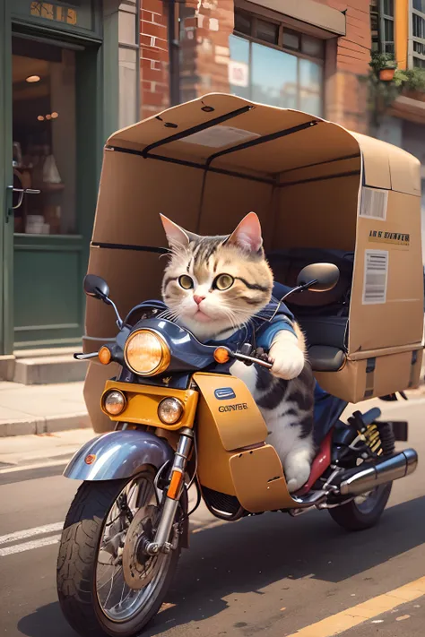 A cute round-eyed cat rides a motorcycle in a couriers uniform, deliver goods, streetview.