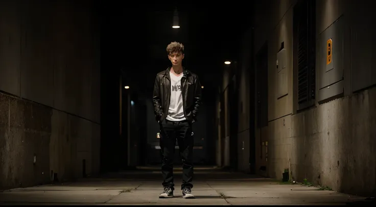 Young man name urban legend with short spiky hair standing alone