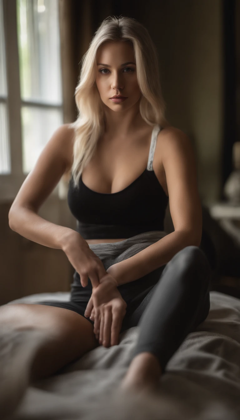 Arafed woman with matching tank top and panties, longs cheveux blonds, fille sexy aux yeux bleus, Portrait Sophie Mudd, cheveux blonds et grands yeux, selfie of a young woman, Yeux de chambre, Violet Myers, sans maquillage, maquillage naturel, looking stra...