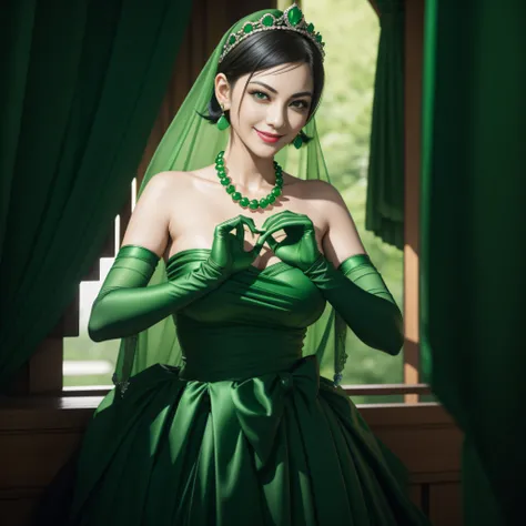 emerald tiara, Green Pearl Necklace, Boyish very short green hair, lipsticks, Japan woman smiling, very short short hair,  big breasts beautiful, Green eyes, Long green gloves made of satin material, Green eyes, Emerald Earrings, green vale, Heart with bot...