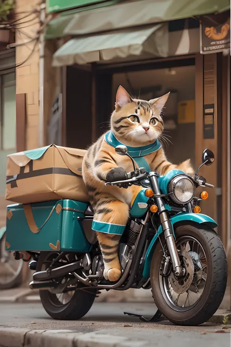 A cute round-eyed cat rides a motorcycle in a couriers uniform, deliver goods, streetview.