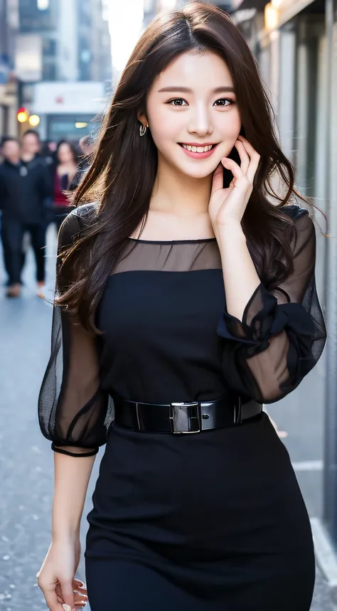 ((Best quality, 8k, Masterpiece :1.3)), 1girl, smiling, full body, slim face, Pretty woman, (Dark brown hair), full length dress :1.1, Ultra-detailed face, Detailed eyes, Double eyelid, blur background, slim face, city, outside, street,