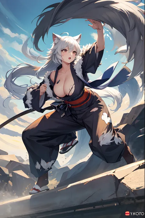 social game, unit illustration, fighting pose, torn clothes, 1girl, solo, breasts, yukata, furry, kemono((animal body, detailed body fur))full body,