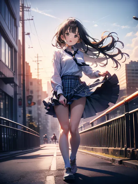 in 8K、top-quality、​masterpiece、ultra-detailliert、Ultra-high resolution、((1 persons))、girl with、校服、Braided hair、makeups、plaid skirts、heavy wind、((((Flip the skirt))))、White pants、View of the city