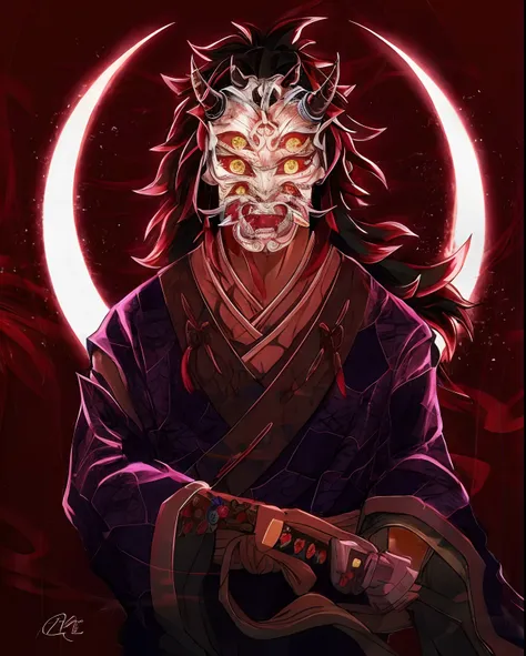 a drawing of a demon with a sword in his hand, villain wearing a red oni mask, demon samurai, samurai with demon mask, beautiful male god of death, handsome guy in demon slayer art, handsome japanese demon boy, demon samurai warrior, demon samurai mask, In...