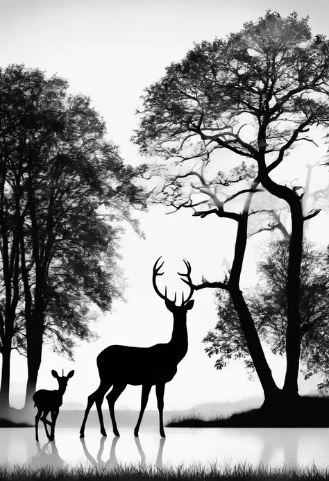 deer with child silouhette only black and white from the side