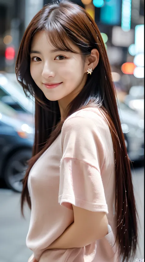 Realistic photos of (1 cute Korean star) hair behind ear, thin makeup, slightly smile, 32 inch breasts size,wearing camisole, standing at the Tokyo, close-up portrait, UHD