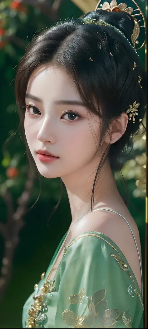 a close up of a woman wearing a green dress and a gold headpiece, chinese girl, lovely delicate face, realistic. cheng yi, beautiful portrait image, chinese style, beautiful aesthetic face, high quality portrait, palace ， a girl in hanfu, artwork in the st...