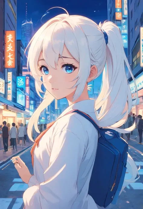 White color hair，Double ponytail curls，blue color eyes，White Lolita，Beth，A bustling city street