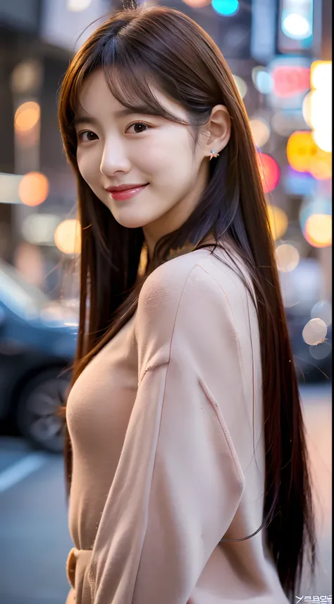 Realistic photos of (1 cute Korean star) hair behind ear, thin makeup, slightly smile, 32 inch breasts size,wearing camisole, standing at the Tokyo, sunset light, close-up portrait, UHD