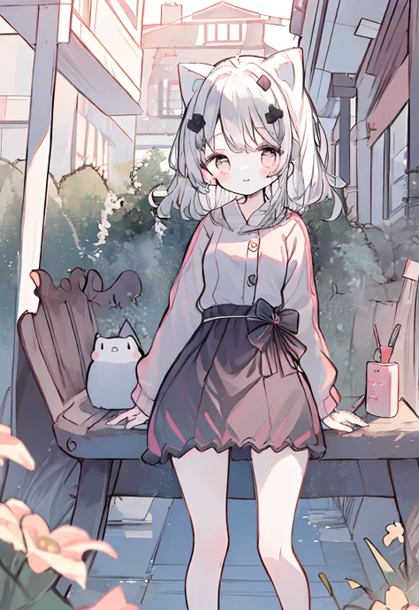 white hair、short-hair、curled hair、light red eyes、cute clothes、jaket、a slight smil、black skirt、small sunshine、benches、shelter、hig...