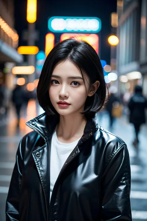 (Best quality, Complex details: 1.2,Realistic:1.2) ,A girl(24 years old),[Liu Yifei:0.9],black raincoat,short hair, ,stand ,,street, after rain,City lighting,white skin,detailed face,