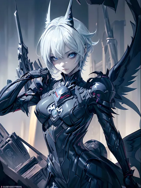 ((4K works))、​masterpiece、(top-quality)、1 beutiful girl、Slim body、tall、((Black charming villain style))、(Detailed beautiful eyes)、Daytime city、((In the task))、((Face similar to Carly Rae Jepsen))、((Short-haired white hair))、((Smaller face))、((Neutral face)...