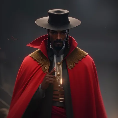 A cinematic close-up, Hiperrealista de extrema beleza, Perfection and details of a man in a hat and cape, Snoop Dogg como um Mago, Jessé McCree, Snoop Dogg como Doutor Estranho, he is wearing a top hat, Feiticeiros Cyberpunk Africanos, Mario como The Witch...