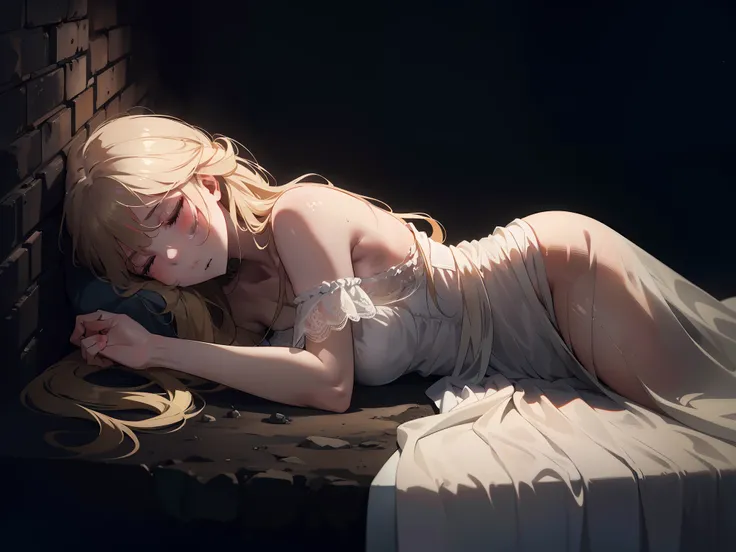 1 girl, character focus ,from side, cinematic angle, (cowboy shot), (Faintly emerge from the darkness),  cinematic lighting,(sleeping on underground ), face down , blonde long hair, white dress , high resolution,(incredibly absurdres), anime visual,ultra d...