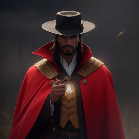 A cinematic close-up, Hiperrealista de extrema beleza, Perfection and details of a man in a hat and cape, um Mago, Jessé McCree, homem negro como Doutor Estranho, he is wearing a top hat, Feiticeiros Cyberpunk Africanos, Mario como The Witcher, Retrato de ...