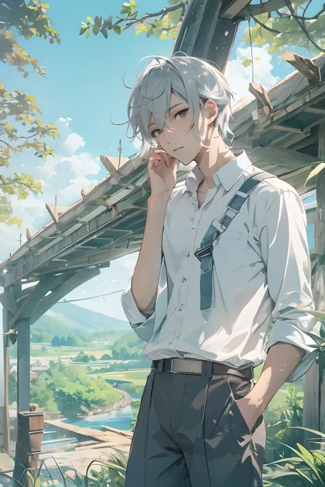 Very beautiful boy、silber hair、country scenery、White cutter shirt、half-pants、Natural lighting、Studio Ghibli、blue-sky、hight resolution、Best Quality,