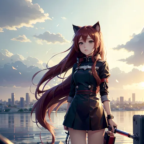 ((Best Quality, 8K)) Anime girl with long hair and cat ears standing in front of the city, Rin Tosaka, anime moe art style, anime style like Fate/stay night, anime girl with long hair, very cute anime girl face, nightcore, from the front line of girls, cut...