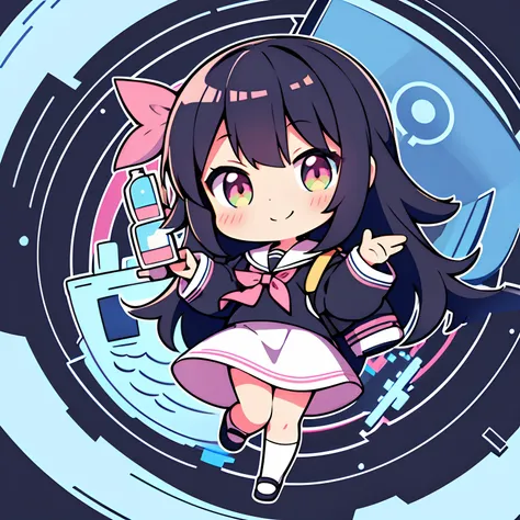 ultra-quality, ultla highres, Hyper Detailed, High contrast, superfine illustration, creative refinement, 1 girl, Solo, Chibi, Full body, Smile, cashier,a sailor suit, Black hair, Pink background