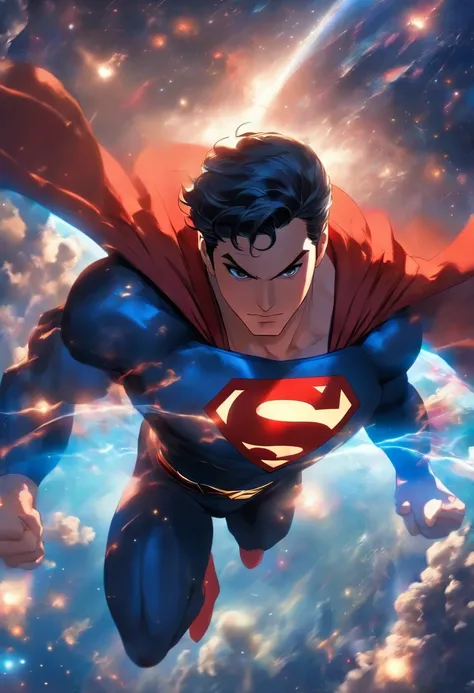 Superman in stunning style, in outer space, planets in the background