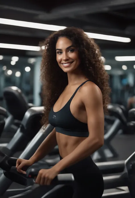 1 adult woman, long hair, curly hair, black hair, smooth skin, brown eyes, smiling, Occasional, sexy clothes, with background of a cardio machine in the gym, super realistic 8k, super detailed and realist