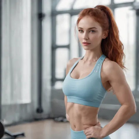 wavy Red-haired woman in Light Blue Leggings and matching sports bra,who goes training with a sport outfit a well-equipped gym. Shes dressed in form-fitting yoga pants and sports bra that highlight her abs . Perfekte Augen, (Augen-Make-up:1.1), (Hochdetail...