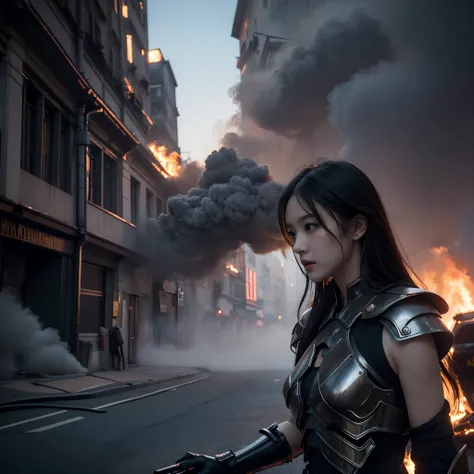 8k, top-quality, （pubic hair beauty）、hight resolution, realisticlying, realperson, Hero wearing glowing armor fighting black smoke and assimilated monsters The hero is a woman in a building street with fire and smoke rising、The building is collapsing