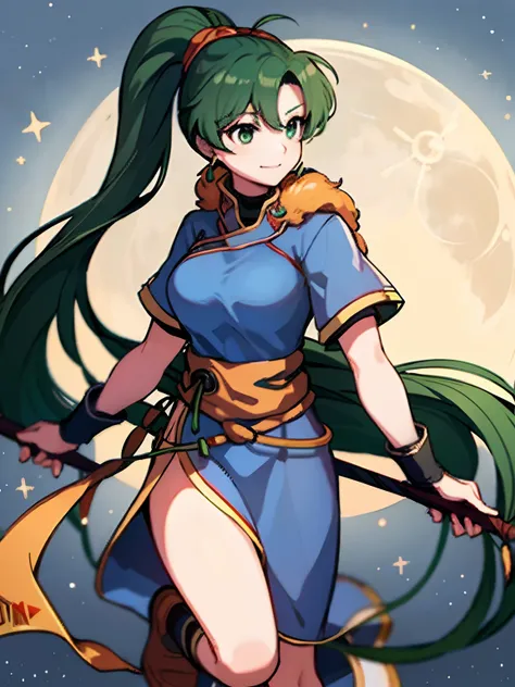 (lyn from fe)(smiling) (full body) (high quality)(a large moon and stars in the background)