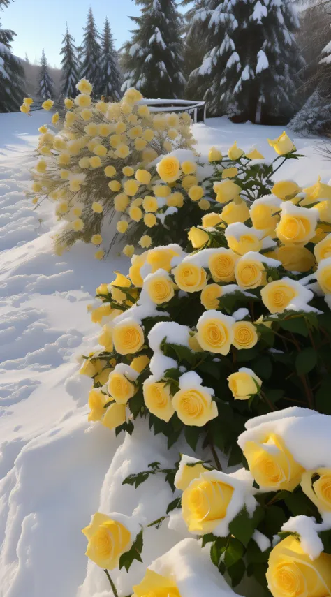 Yellow roses are covered in snow in the snow, with frozen flowers around her, with soft bushes, rosette, Incredibly beautiful, Yellow rose, Rose garden, Unbelievably beautiful, Gentle snow, Outstanding detail, Cold but beautiful, snow snow, absolutely outs...