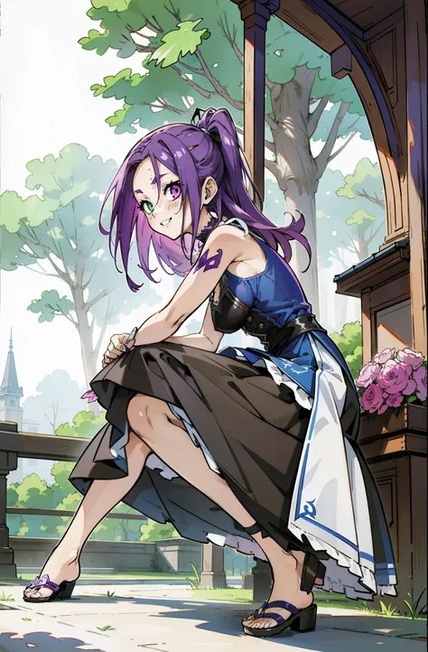 Colorful, Up-close, purple color hair, Ultra-realistic hair quality, Vibrant colors, Young Girl, 14years old girl, Beautiful long hair, Shiny hair, detailed hairs, Hair Ribbon, Single-sided up, Reo Mikage, Blue Lock, no sleeves, Sleeveless, Open shoulders,...