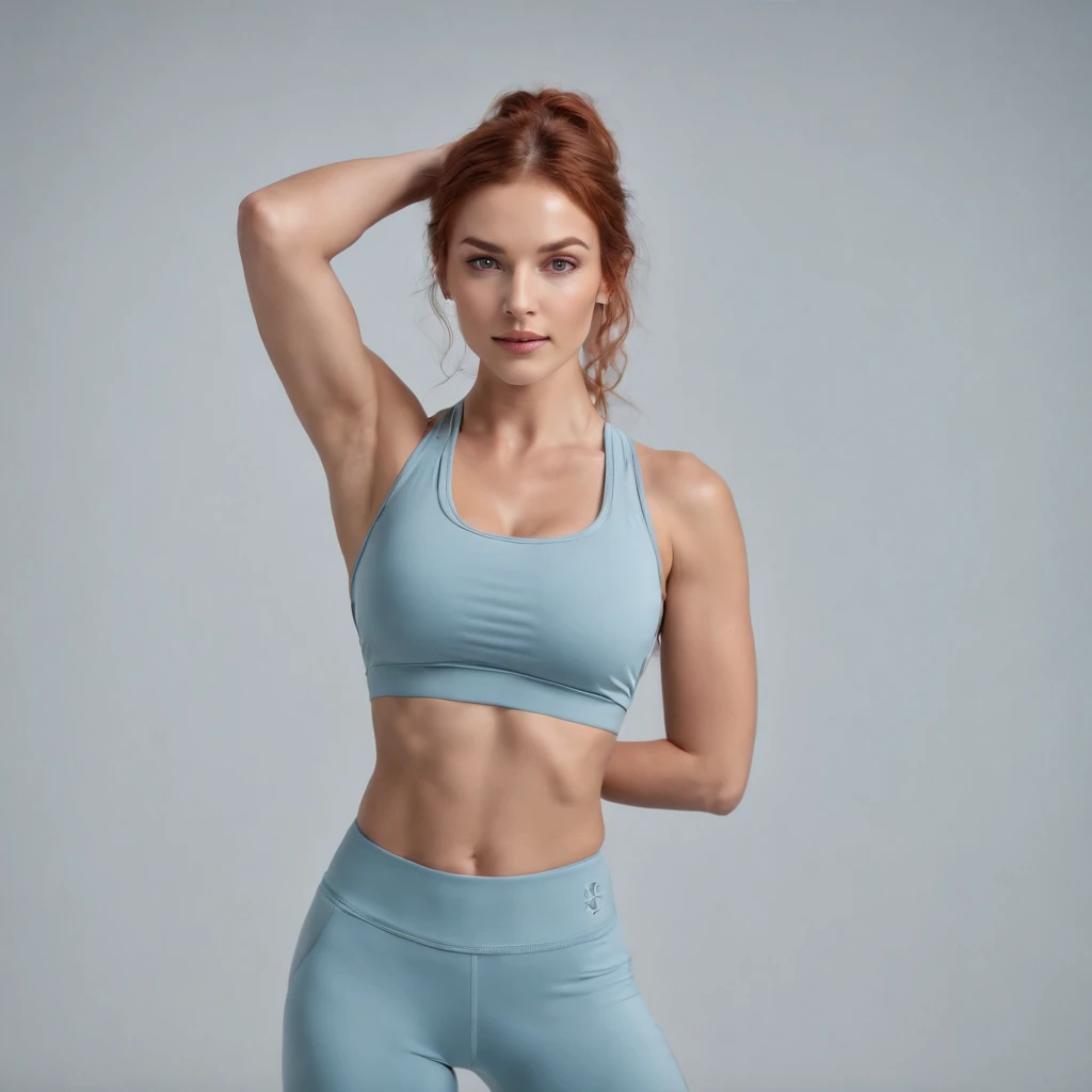 wavy Red-haired woman in Light Blue Leggings and matching sports bra,who goes training with a sport outfit a well-equipped gym. Shes dressed in form-fitting yoga pants and sports bra that highlight her abs . Perfekte Augen, (Augen-Make-up:1.1), (Hochdetail...