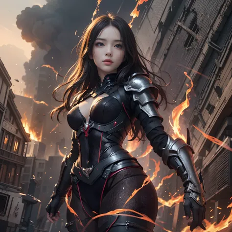 8k, top-quality, （pubic hair beauty）、hight resolution, realisticlying, realperson, Hero wearing glowing armor fighting black smoke and assimilated monsters The hero is a woman in a building street with fire and smoke rising、The building is collapsing