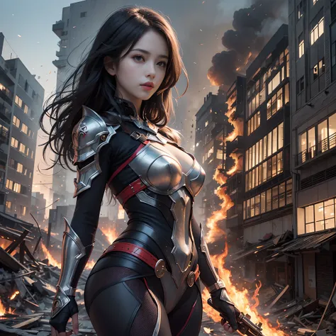 8k, top-quality, （pubic hair beauty）、hight resolution, realisticlying, realperson, Hero wearing glowing armor fighting black smoke and assimilated monsters The hero is a woman in a building street with fire and smoke rising、The building is collapsing