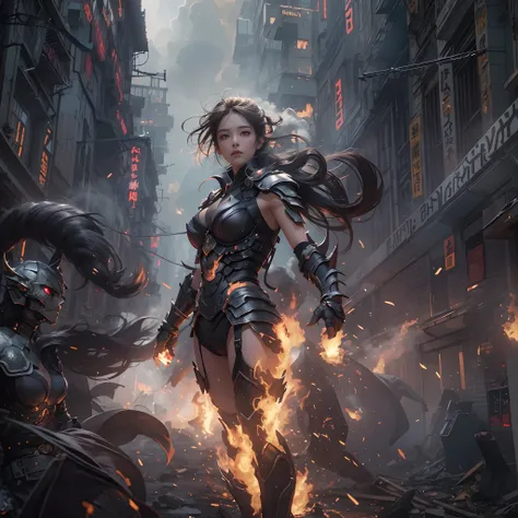 8k, top-quality, （pubic hair beauty）、hight resolution, realisticlying, realperson, Hero wearing glowing armor fighting black smoke and assimilated monsters The hero is a woman in a building street with fire and smoke rising、The building is collapsing