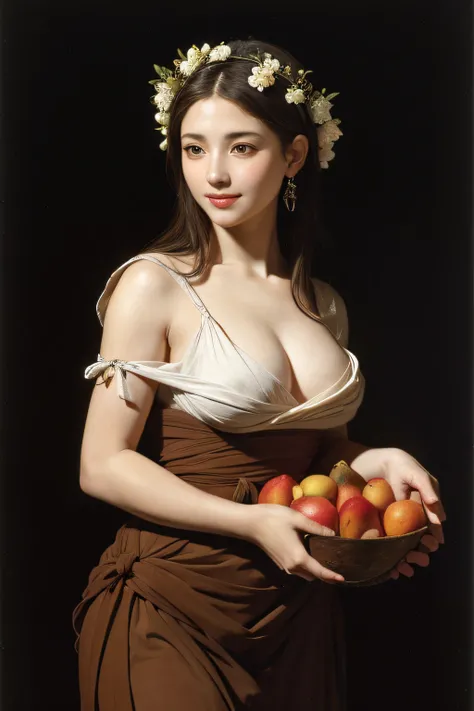 Ancient Greek maiden, Ancient Greek clothes, woman, pure smile, Caravaggio painting, flowers, fruits, big breasts Tong ,Caravaggio chiaroscuro, dark background