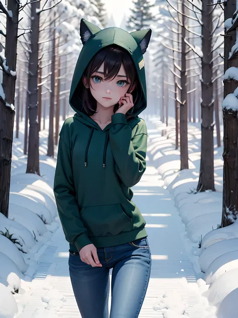 Undertale Enchantment, dark green hoodie, Jeans, knife in hand, Snowy Forest