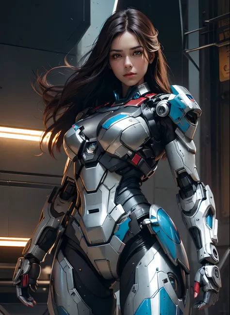 Textured skin, Super Detail, high details, High quality, Best Quality, hight resolution, 1080p, hard disk, Beautiful,(Iron Patriot),beautiful cyborg woman,Mecha Cyborg Girl,Battle Mode,Girl with a Mecha Body,She wears a futuristic Iron Patriot mech,Fulll b...