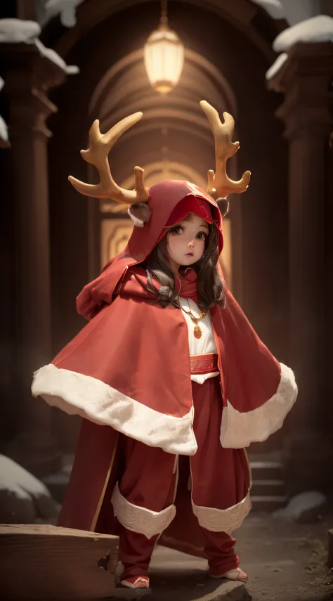 a close up of a person in a costume with antlers on, mage robe based on a toucan, red hooded mage, gold and white cloak, wearing cultist red robe, wearing red sorcerers robes, long torn red cape, red cape, ancient antler deity, a red cape, ornate cloak, re...