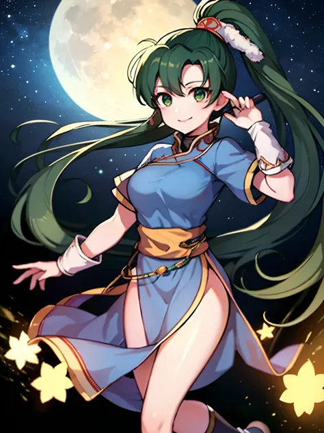 (Lyn from FE)(smiling) (full body) (high quality)(a large moon and stars in the background)