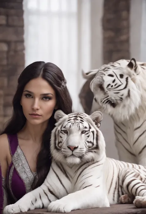 Native American warrior princess and her giant white pet tiger sitting next to a fireplace. Her hair is very dark and purple, has dark brown eyes.