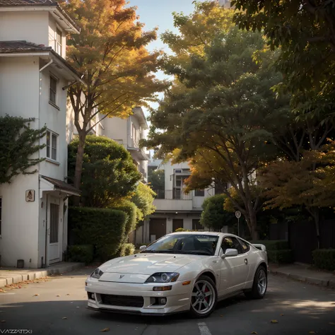 300ZX, white,Drift car parked on a street covered with foliage in autumn (city:1.3), Fall, Global Illumination, Volumetric lighting, Best Quality, Highly detailed, .CGI, Illustration, Octane Render,