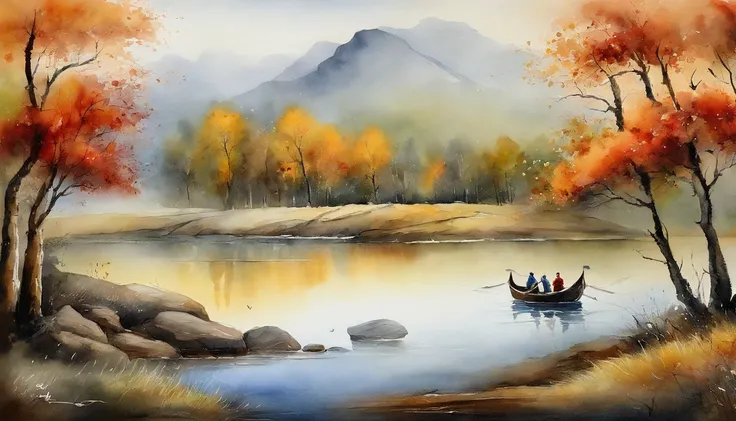 Landscape painting，ink and watercolor painting，water ink，ink，Smudge，Faraway view，Ultra-wide viewing angle，Meticulous，Light boat in the distance，Faraway view，Meticulous，the trees，Smudge，low-saturation，Low contrast，The light boat has crossed the Ten Thousand...